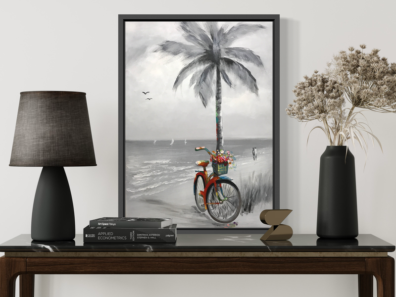 Ein Gemälde mit einem Fahrrad und einer Palme