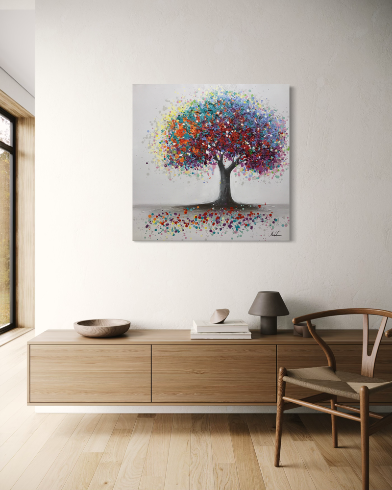 Ein Gemälde mit einem bunten Baum