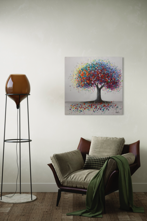 Ein Gemälde mit einem bunten Baum