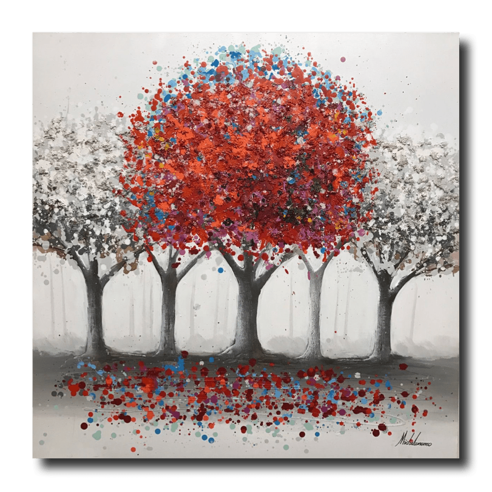 Ein Gemälde mit einem roten Baum