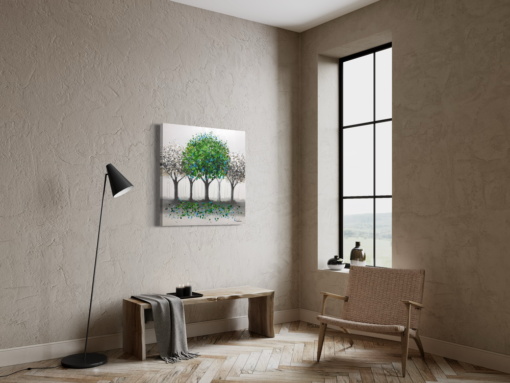 Ein Gemälde mit einem grünen Baum