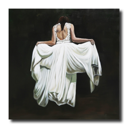 Ein Gemälde mit einer schwebenden Frau in einem Kleid, das an Engelsflügel erinnert.
