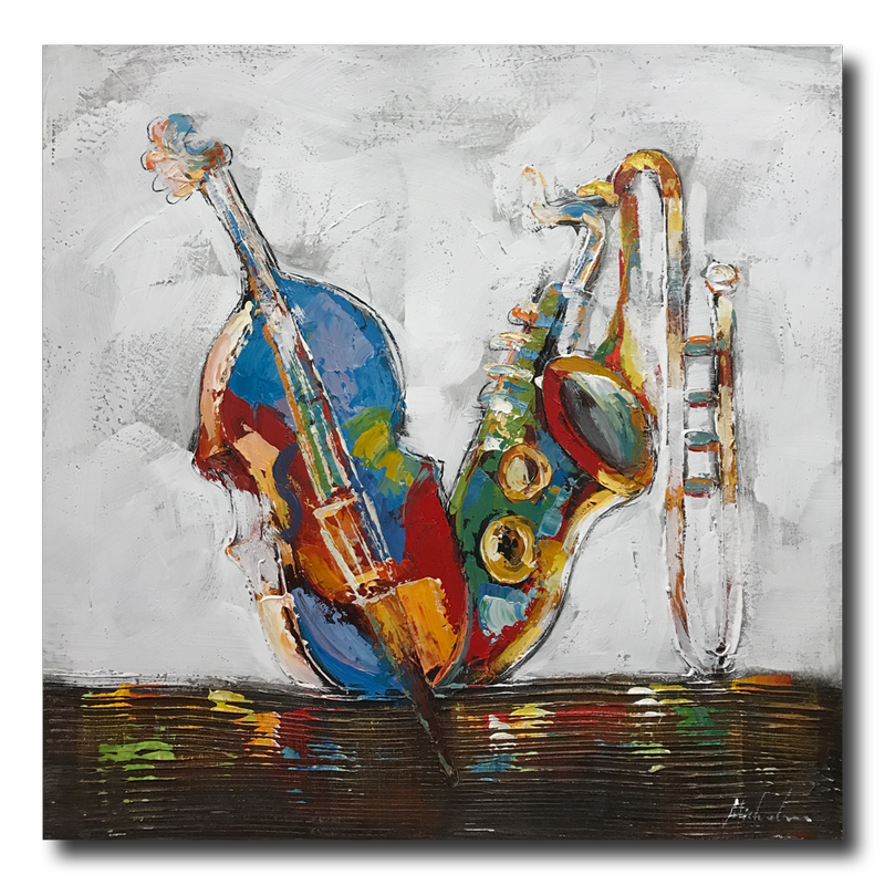Ein Gemälde mit Cello und Saxophon