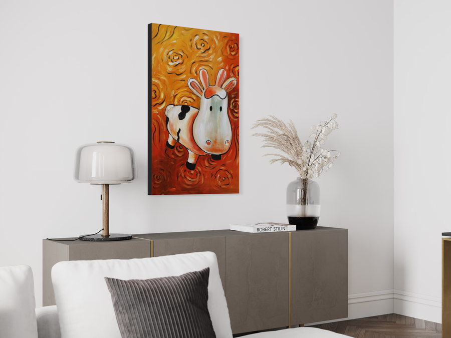 ein Gemälde mit einer Kuh