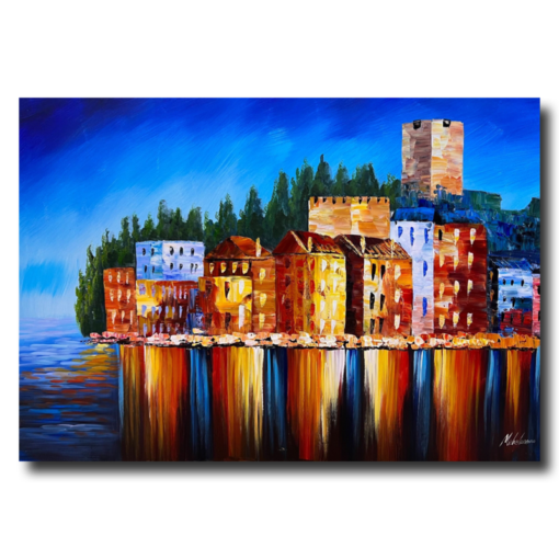 Ein Gemälde einer farbenfrohen Stadt in der Abenddämmerung