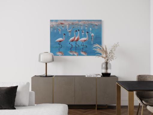 Ein Gemälde mit Flamingos