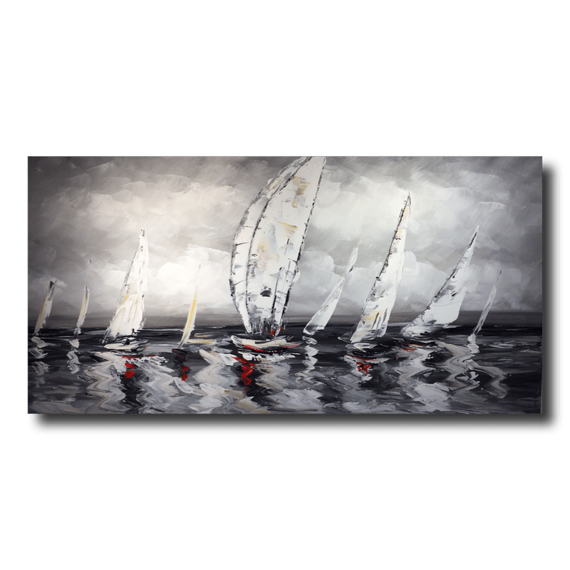 Ein Gemälde mit Segelbooten.