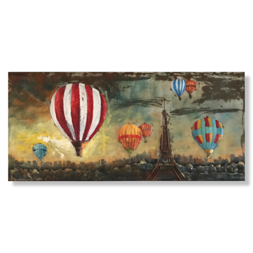 Ein Wandbild mit Heißluftballons über Paris