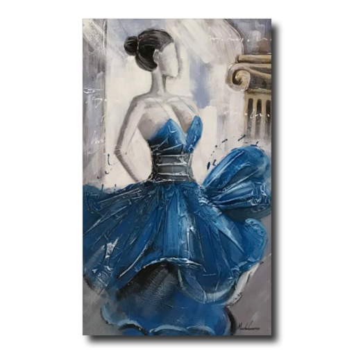 ein Gemälde mit einer Dame in einem blauen Kleid