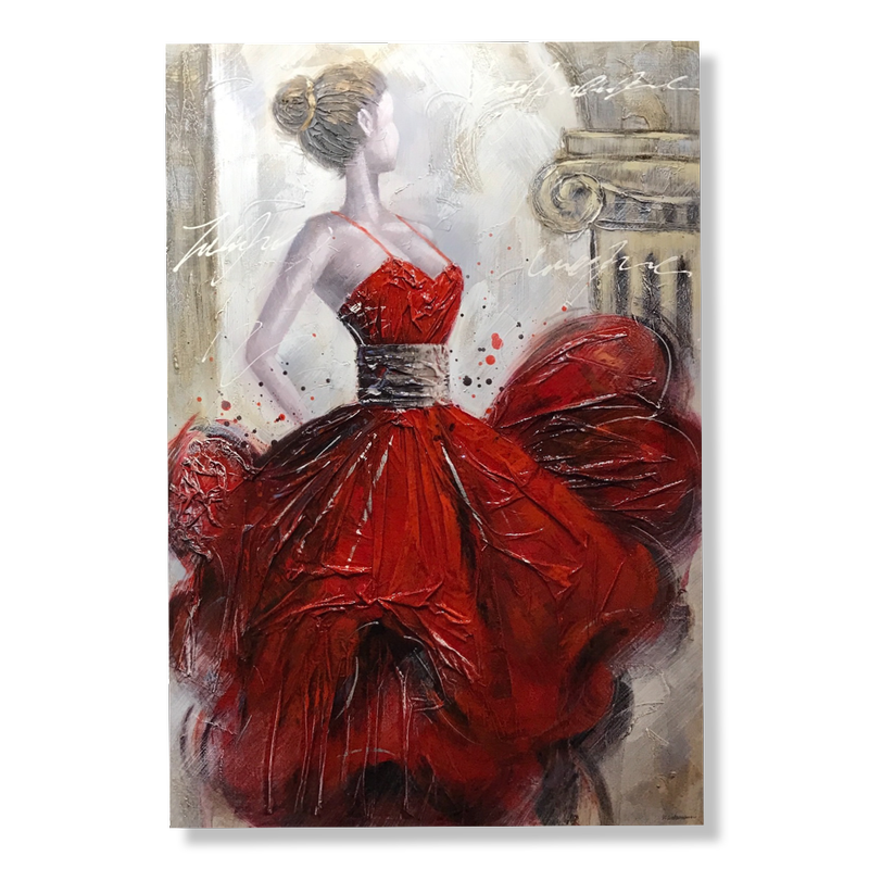 Ein Gemälde einer Frau in einem roten Kleid