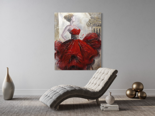 Ein Gemälde einer Frau in einem roten Kleid