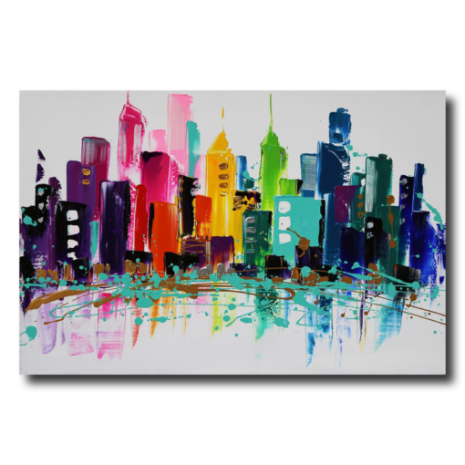 Ein farbenfrohes Gemälde mit einer Skyline