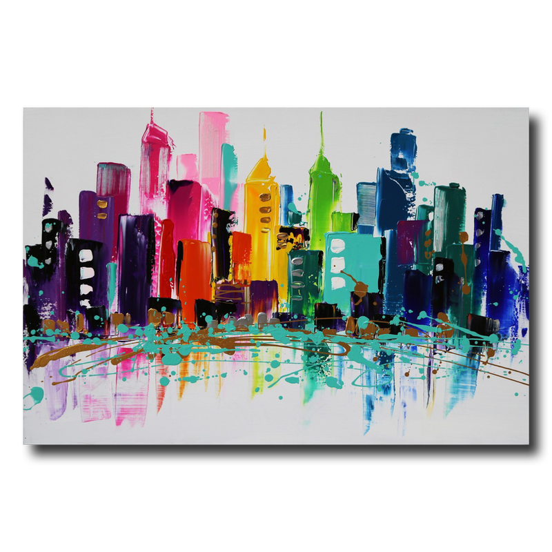 Ein farbenfrohes Gemälde mit einer Skyline