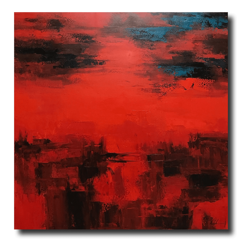 En abstrakt målning i rött och svart