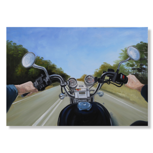 Ein Gemälde mit einem Motorrad.