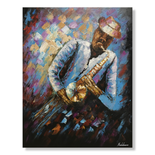 Ein Gemälde von einem Mann mit einem Saxophon