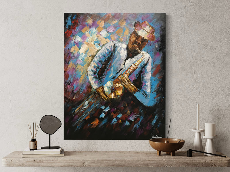 Ein Gemälde von einem Mann mit einem Saxophon