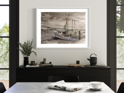 Ein Gemälde mit einem Fischerboot