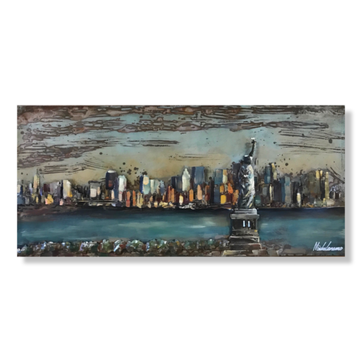 Ein Wandbild mit der Freiheitsstatue und der Skyline von New York.