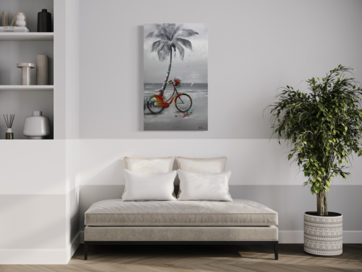 Ein Gemälde mit einem Fahrrad und einer Palme