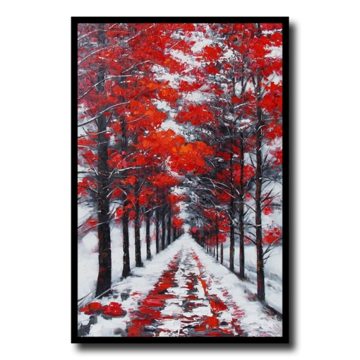 Ein Gemälde mit roten Bäumen