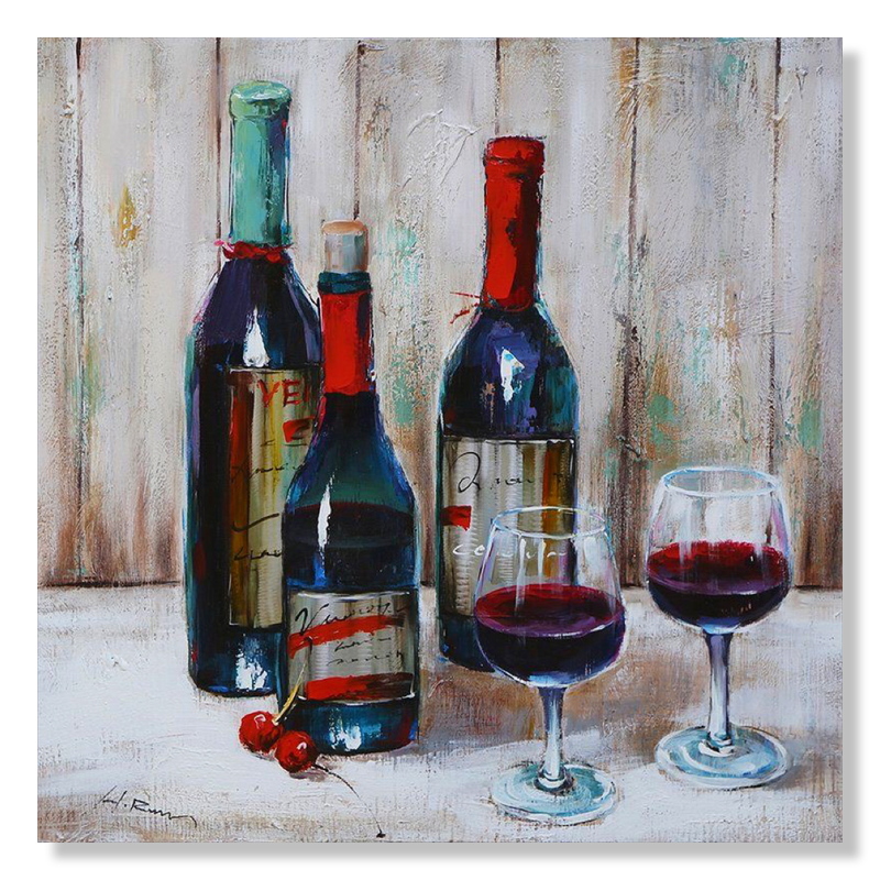 Ein Gemälde mit Weinflaschen