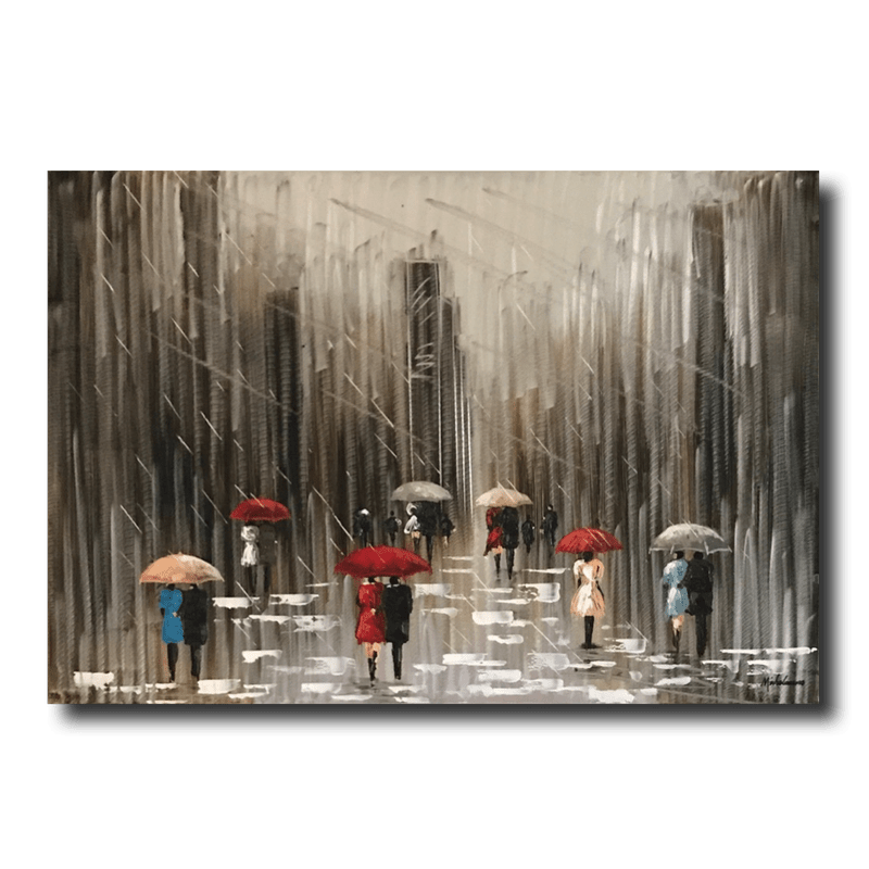 ein Gemälde mit Regenschirmen