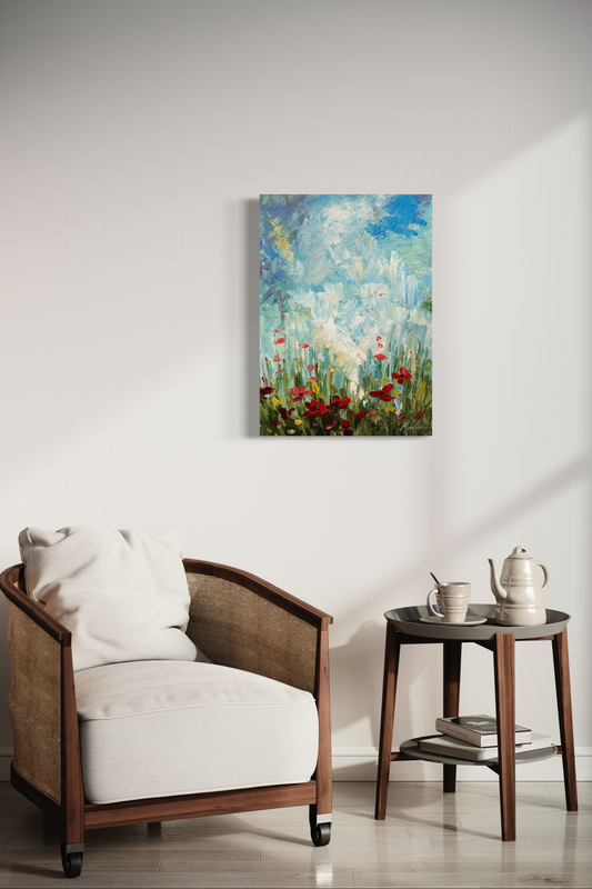 Ein Gemälde mit einer Blumenwiese