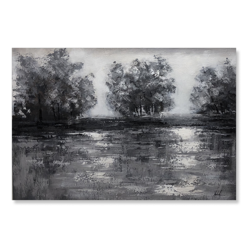 Ein Gemälde mit Bäumen in Graustufen
