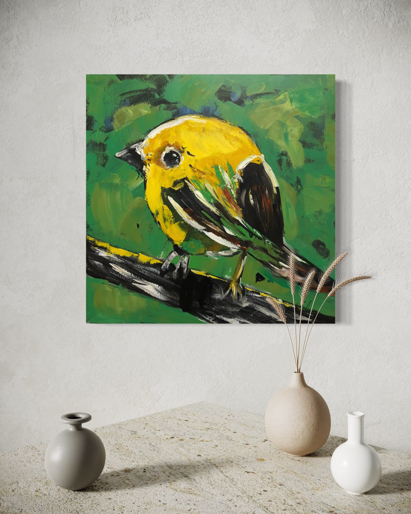 Ein Gemälde mit einem gelben Vogel