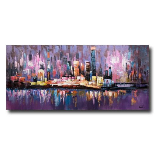 Ein lila Gemälde mit einer Skyline