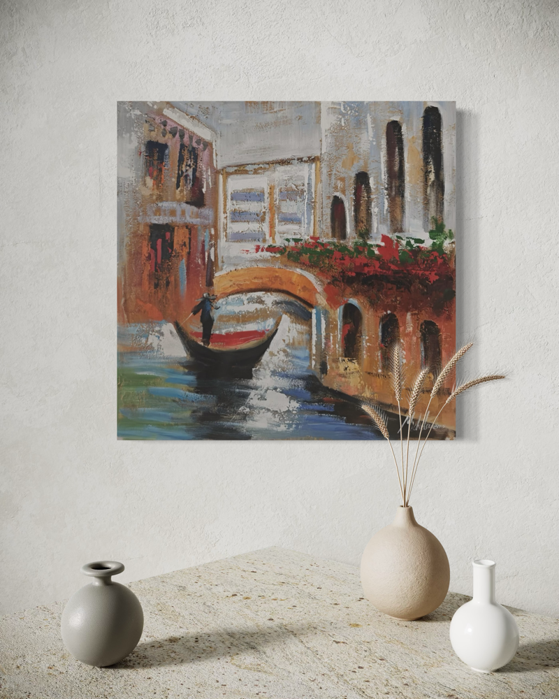Ein Gemälde mit Motiv aus Venedig in warmen Farbtönen und klassischer italienischer Atmosphäre.