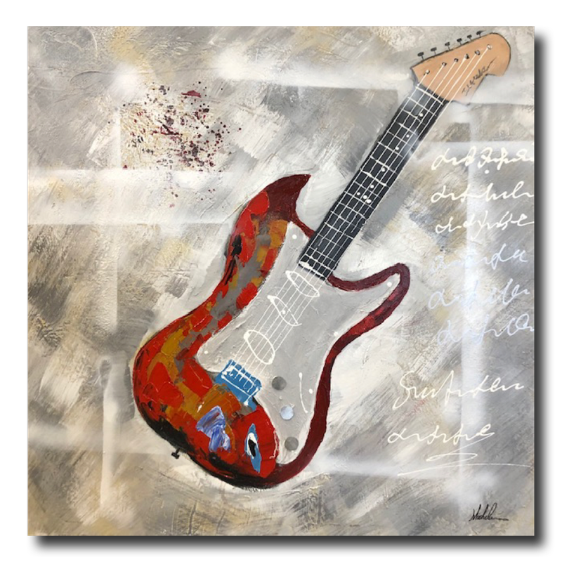 Ein Gemälde mit einer roten Gitarre
