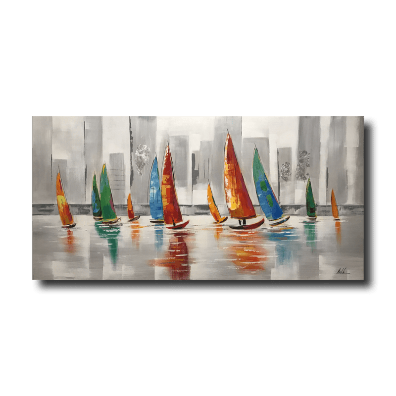 Ein Gemälde mit Segelbooten