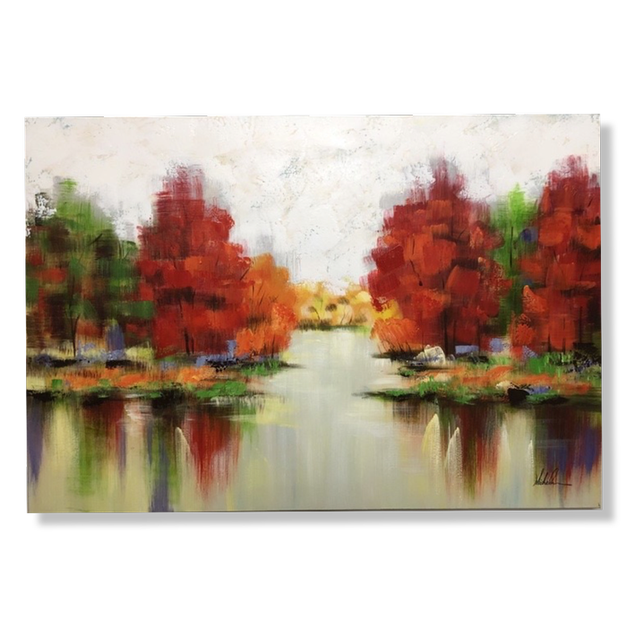 ein Gemälde mit Bäumen in Herbstfarben
