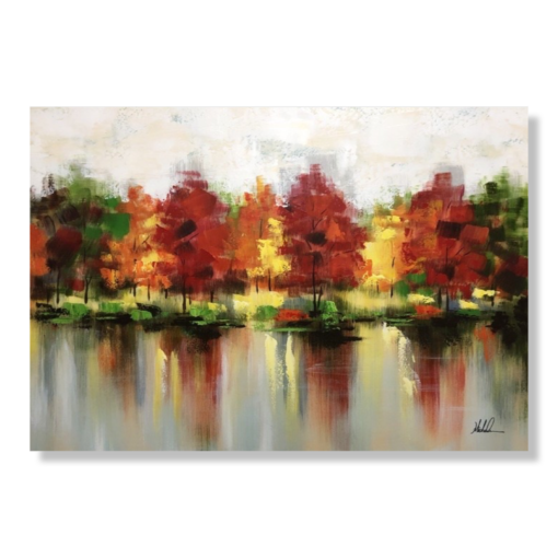 Ein Gemälde mit Bäumen in Herbstfarben