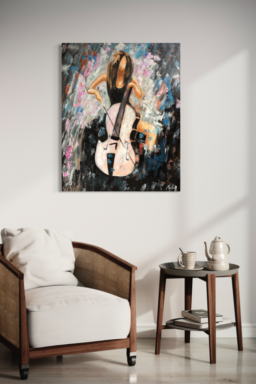 Ein Gemälde mit einer Frau, die Cello spielt