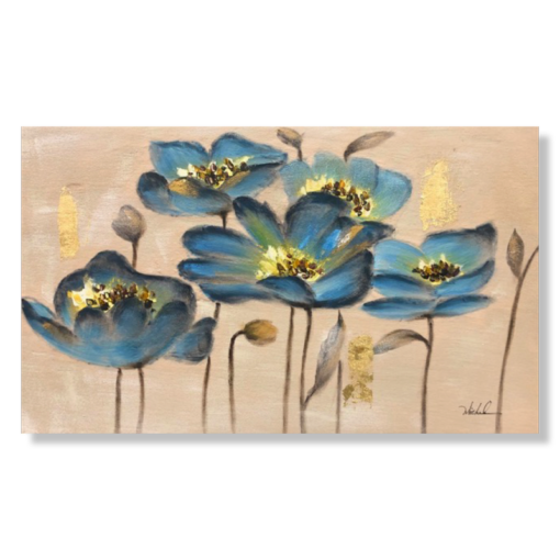 Ein Gemälde mit blauen Blumen