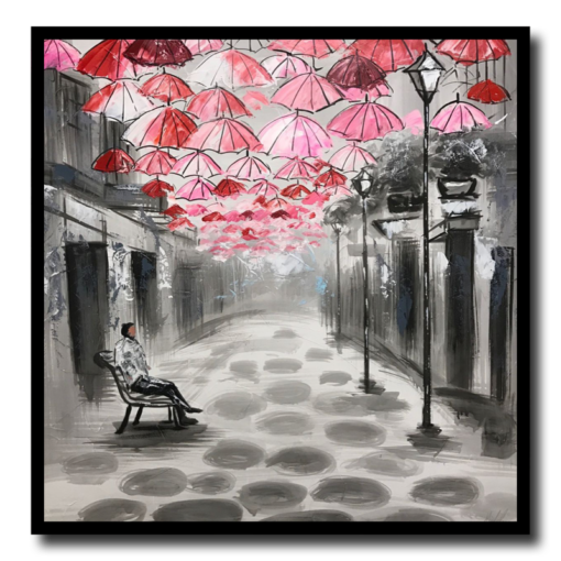 Ein Gemälde mit Regenschirmen