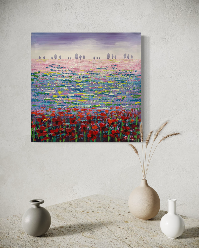 Ein Gemälde mit einem Mohnblumenfeld
