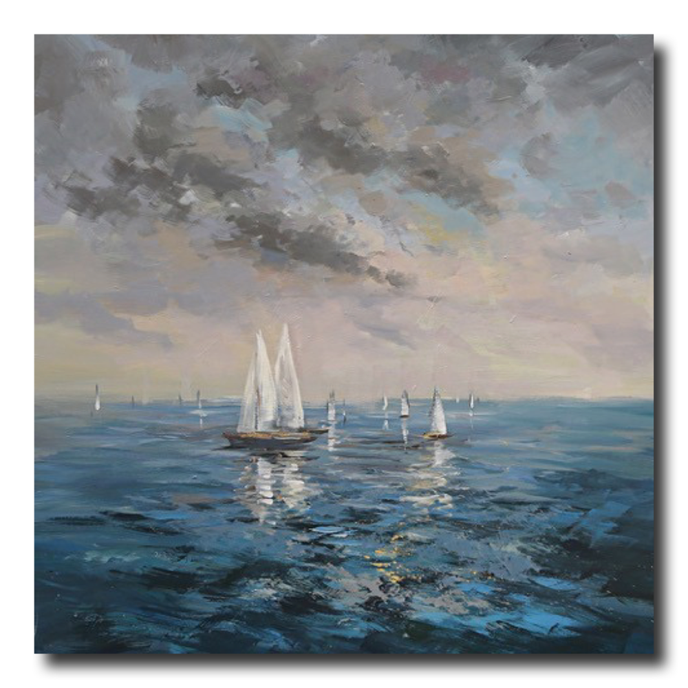 Ein Gemälde mit Segelbooten