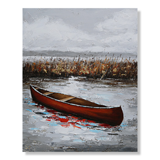 Ein Gemälde mit einem roten Kanu