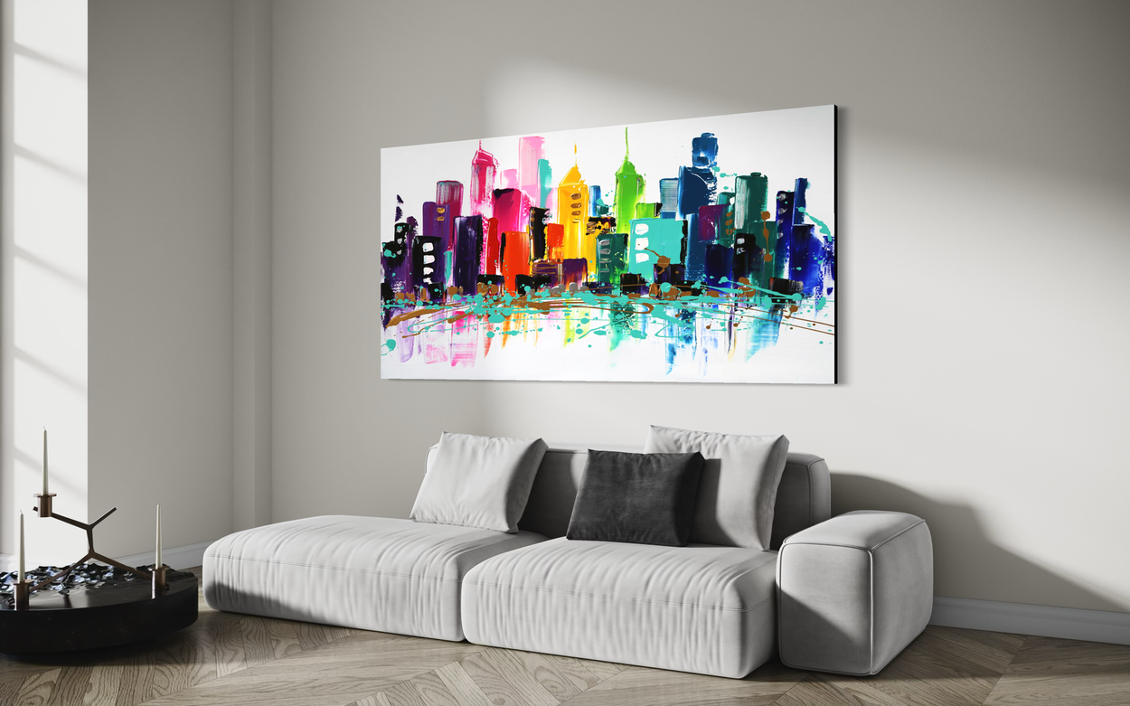 Ein Gemälde mit einer farbenfrohen Skyline