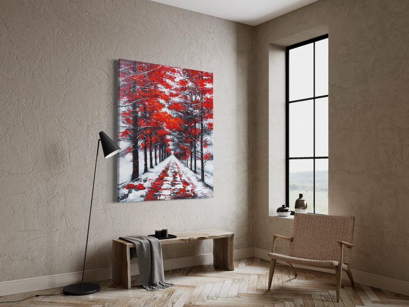 Ein Gemälde mit roten Bäumen