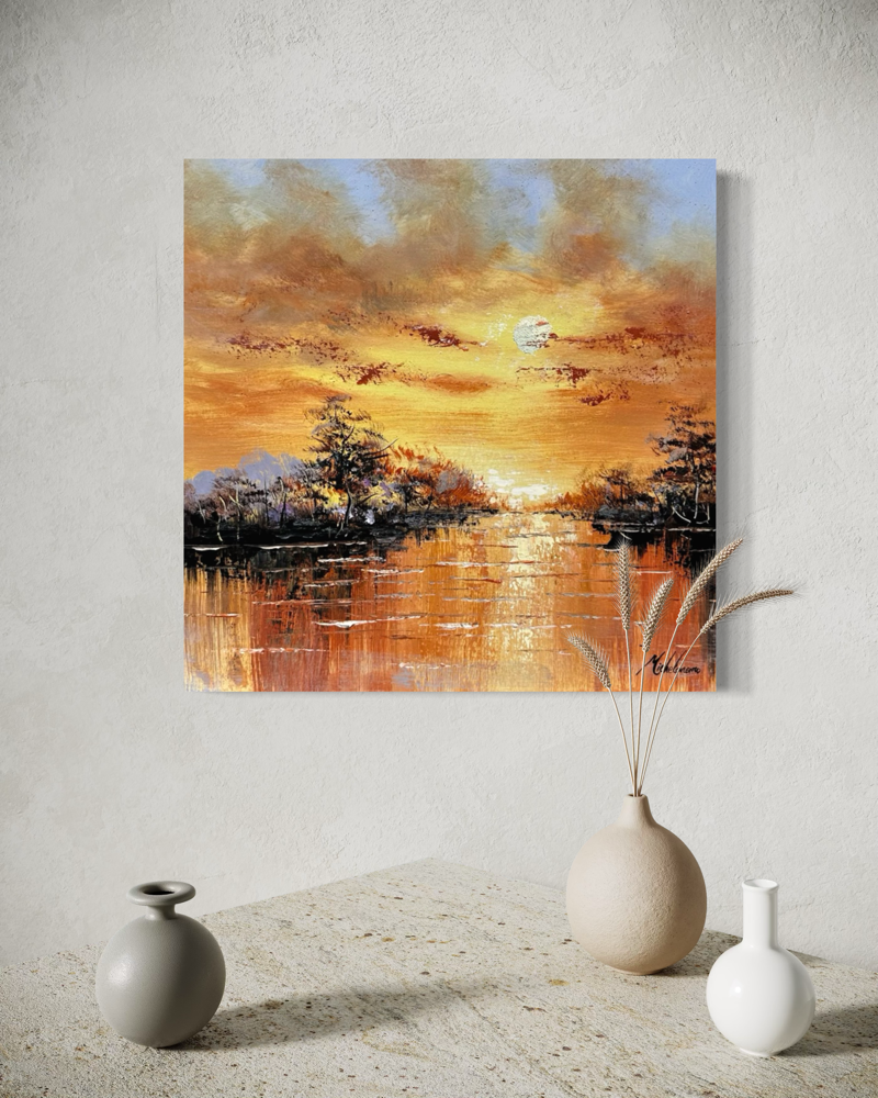 Ein Gemälde mit einem Sonnenuntergang