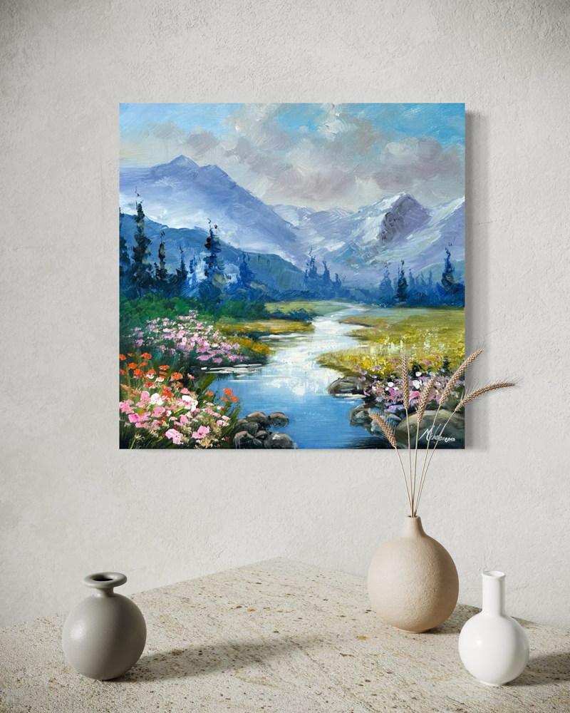 Ein Gemälde mit einer wunderschönen Berglandschaft