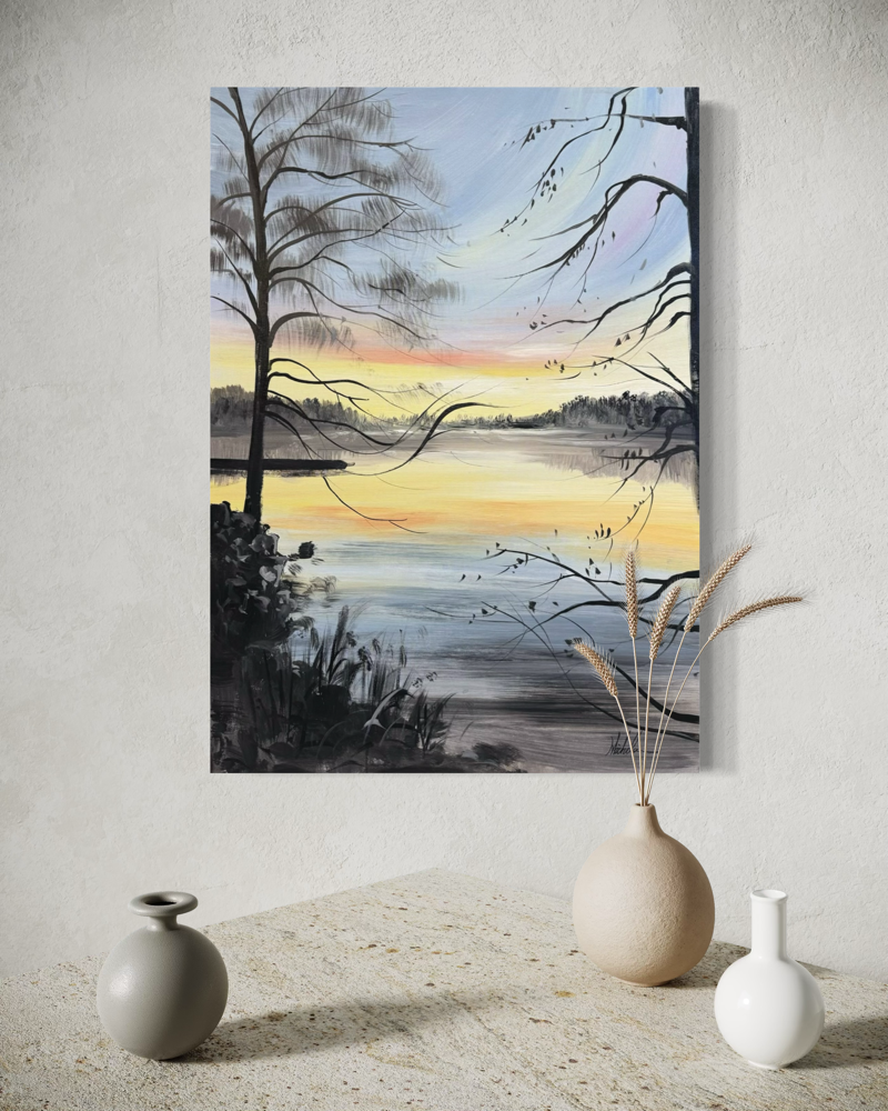 Ein Gemälde einer wunderschönen Landschaft in der Abenddämmerung