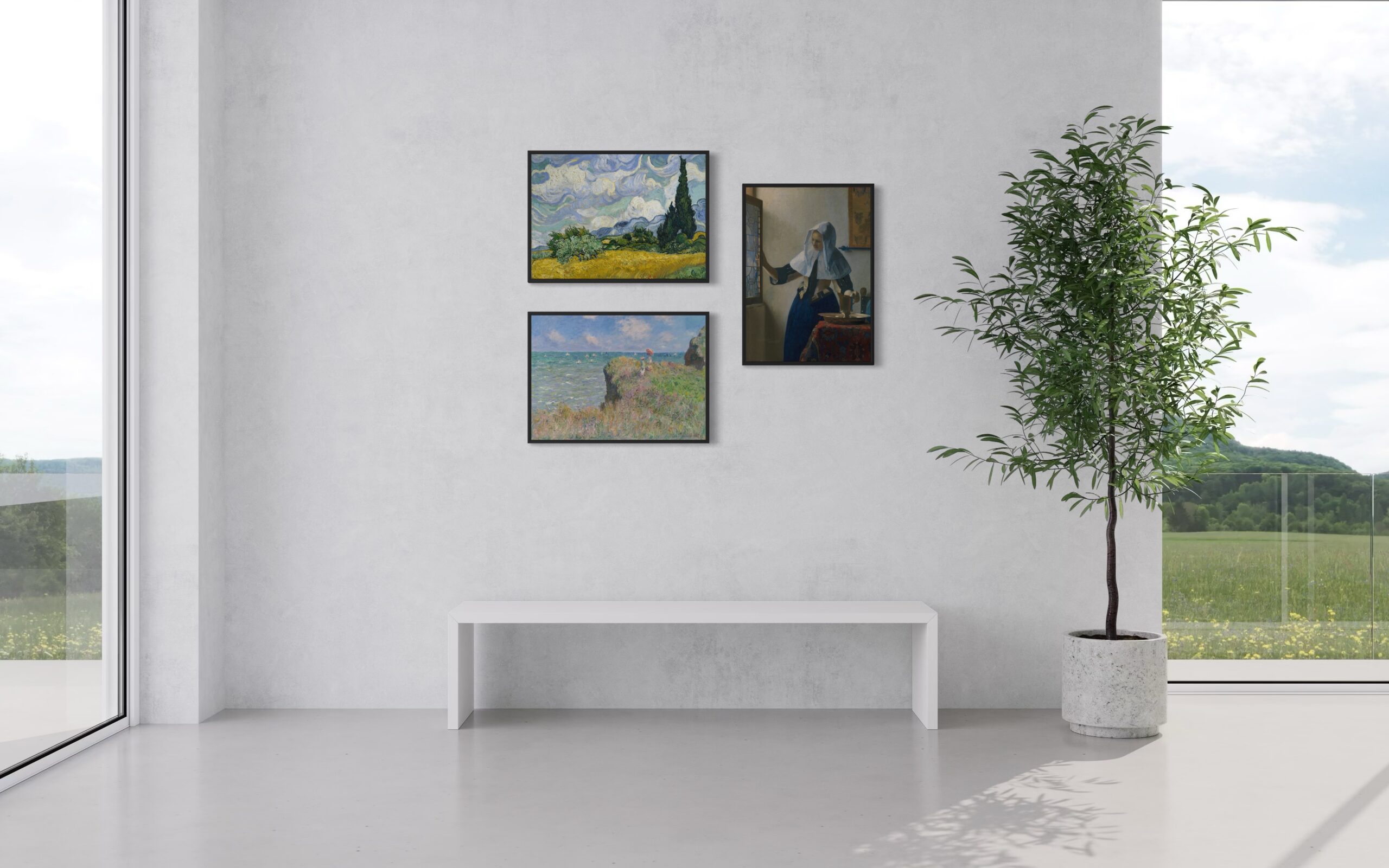 Light & Movement – Canvas Collection: drei Werke in schwarzen Schattenfugenrahmen in einer Passage