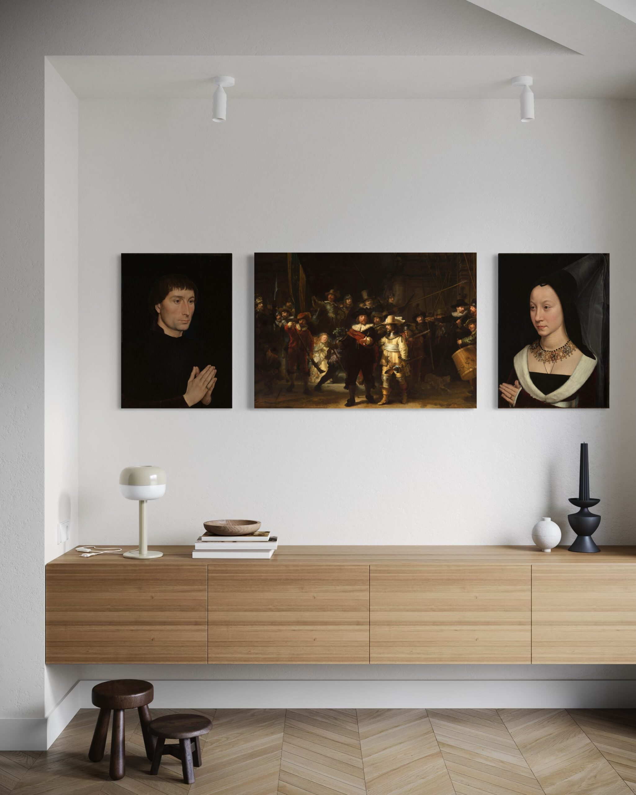 Masters of Light & Legacy – dreiteilige Hängung ohne Schattenfugenrahmen im modernen Interieur