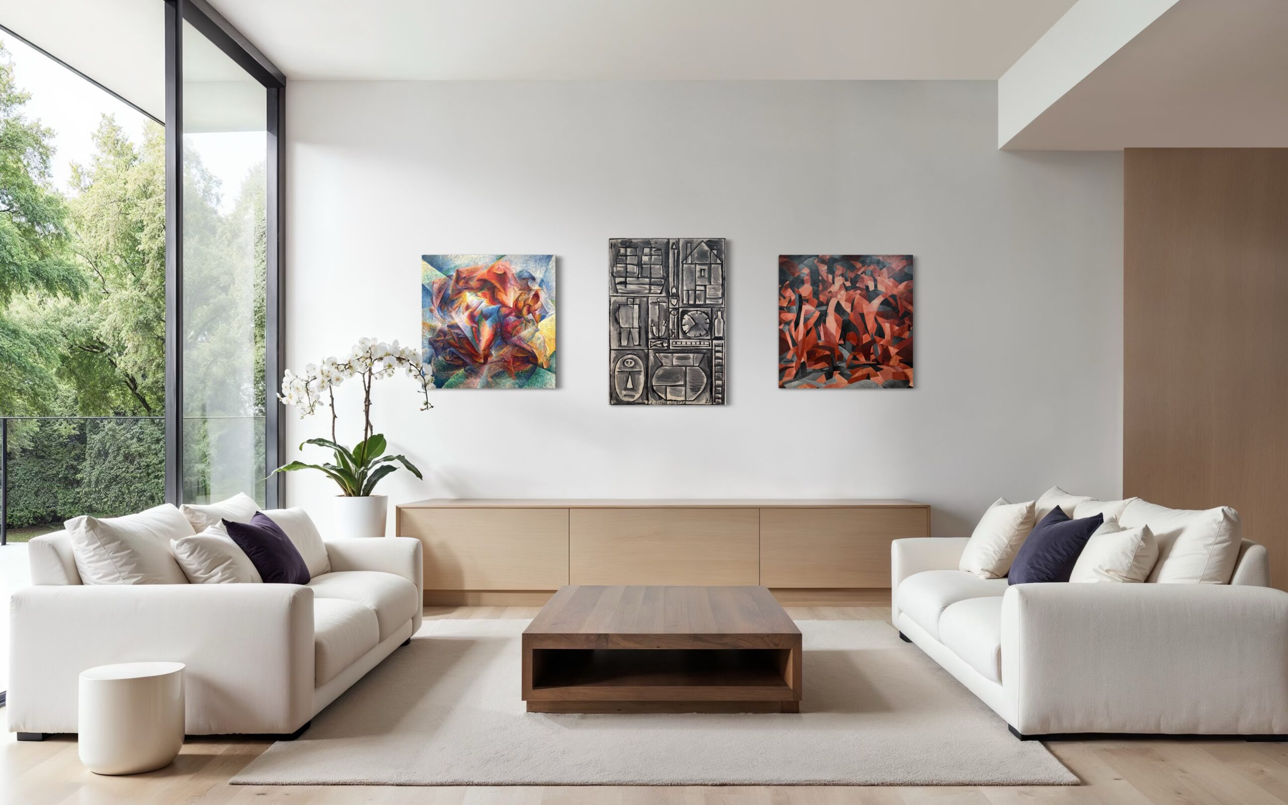 Urban Geometry – Dreiteilige Hängung auf Keilrahmen im modernen Interieur